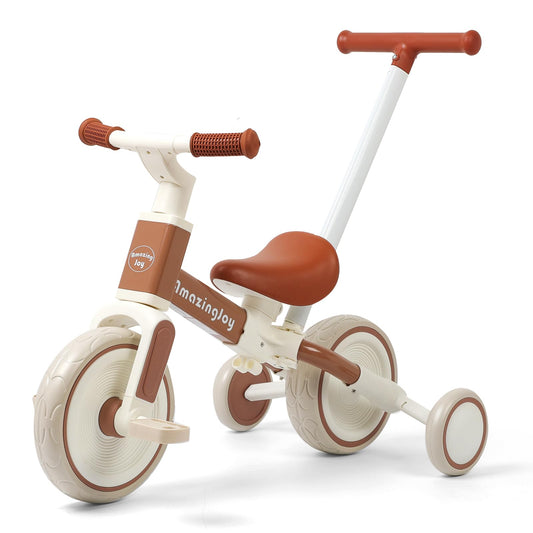6 in 1 Toddler Tricycle for 1-3 Years Old Kids Balance Bike with Handlebar Push Trike Baby Balance Bike with Removable Pedal Adjustable Seat Birthday Gift for Kids Brown